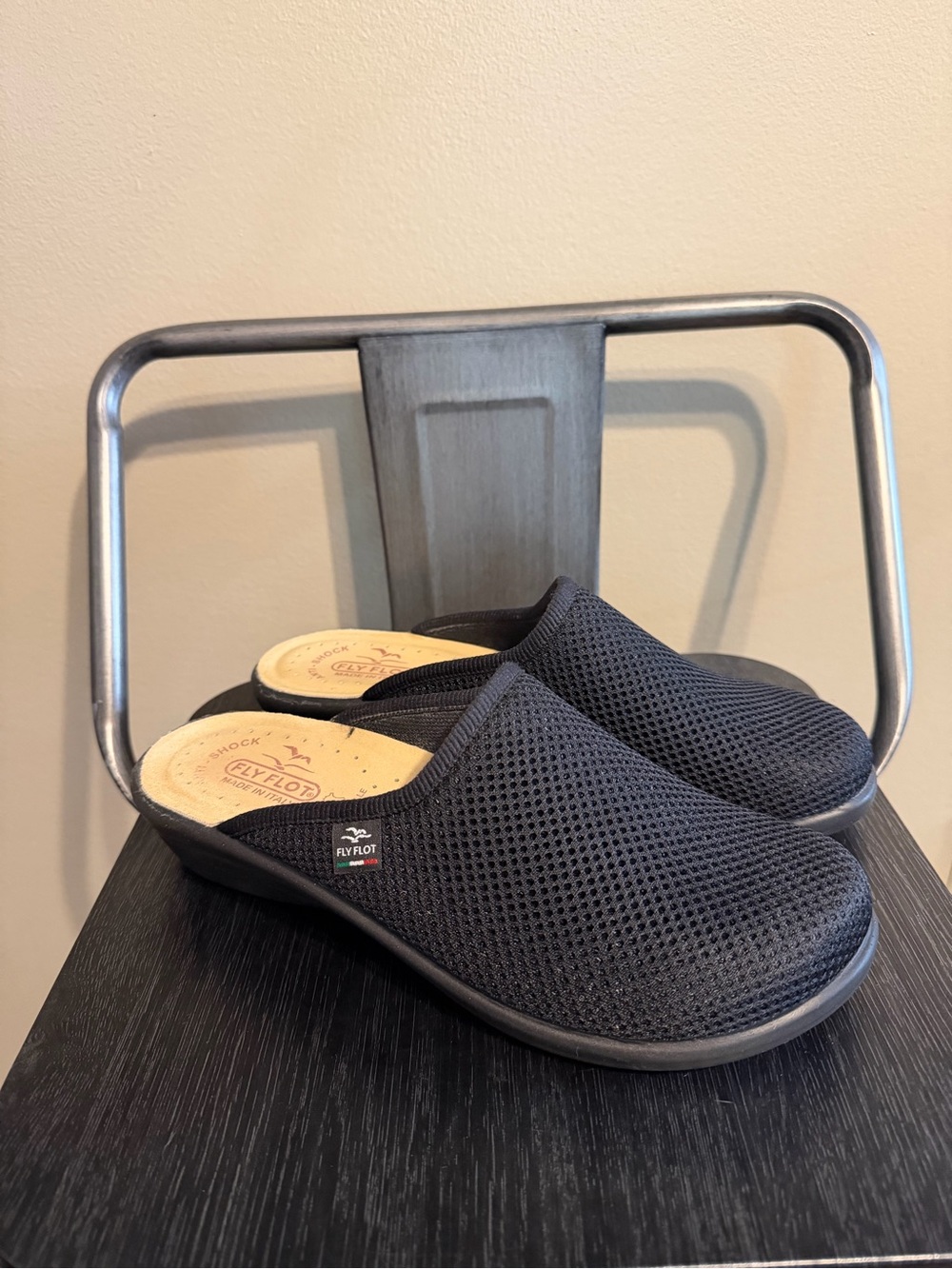 Fly Flot Italy Black Mesh Clogs Slippers Womens Size 39 US 8 Comfort Anatomical